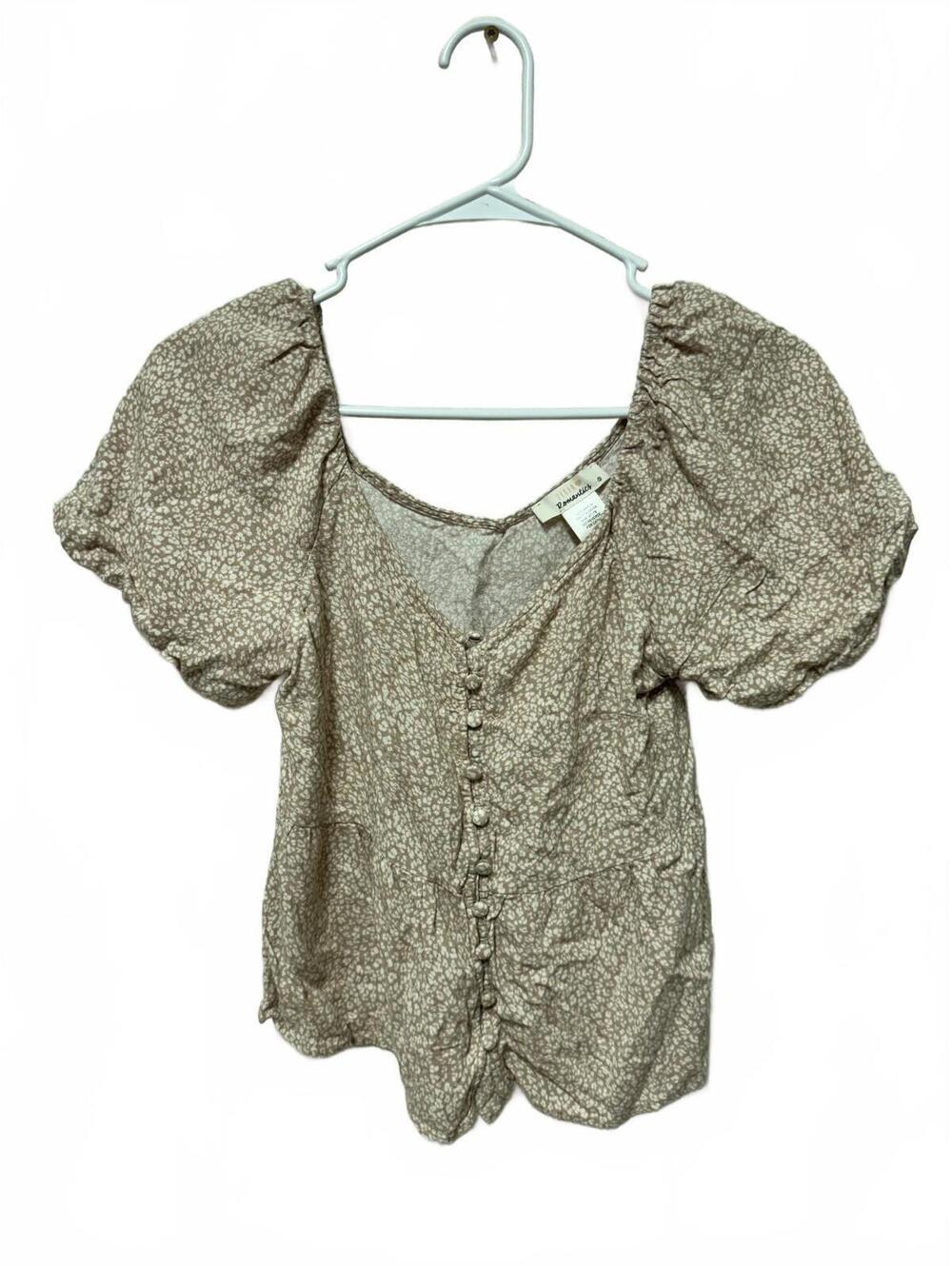Urban Romantics Floral Puff Sleeve Button Front Top Size S Tan White